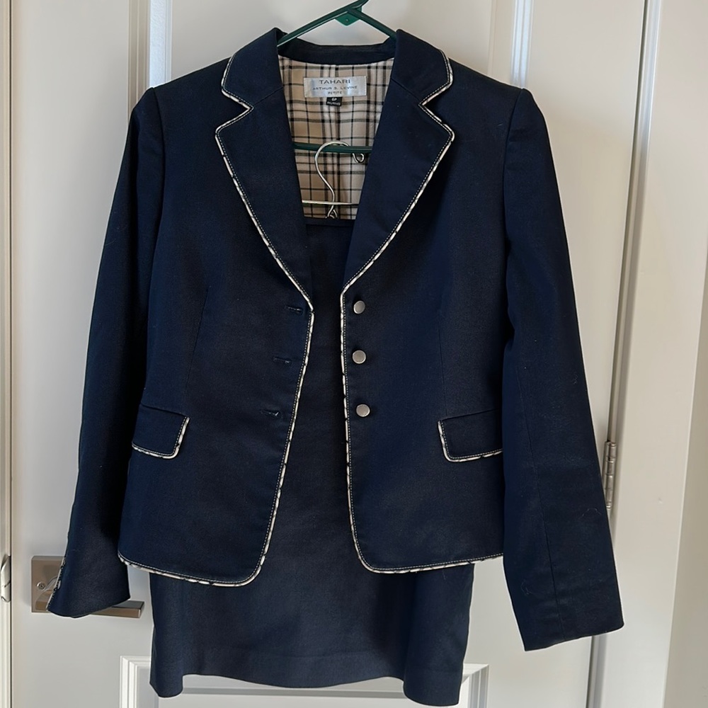 Petite, navy skirt suit set. Very professional.